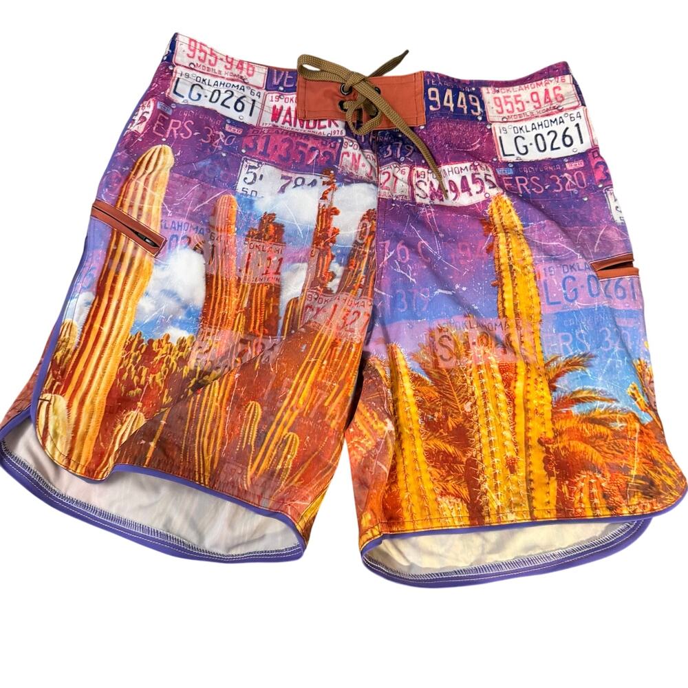Niyama Sol mens swim trunks w cactus scenery activewear colorful sz 32 drawstrig